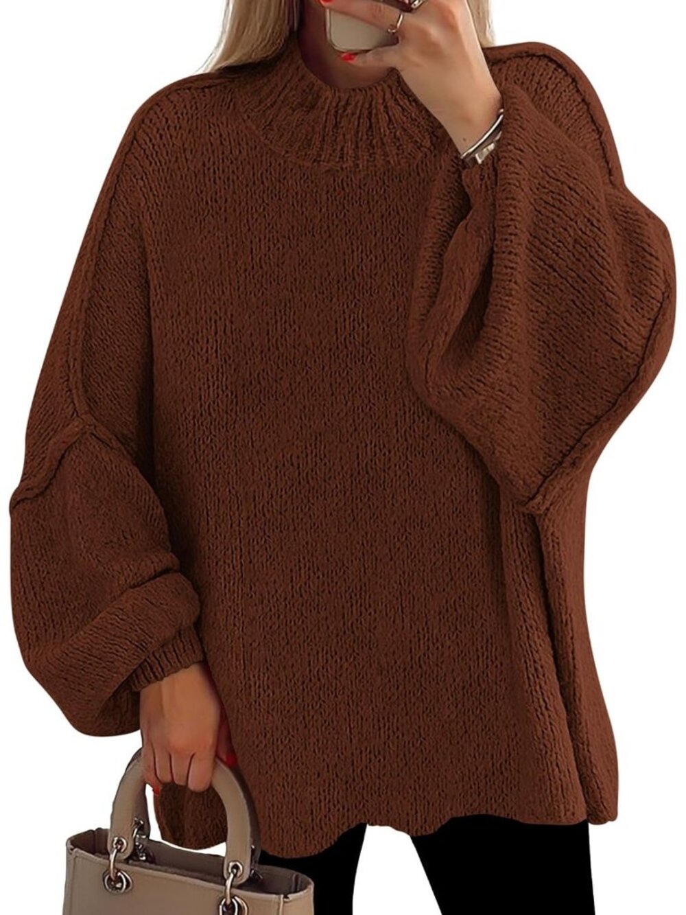 Women Caramel Cozy Oversized Mock Neck Drop Shoulder Chunky Knit Slouchy Sweater